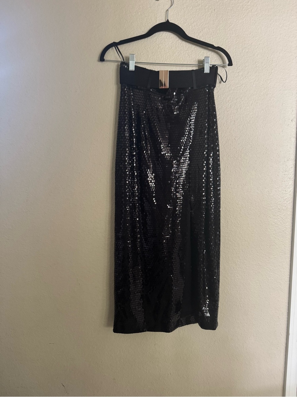 Black Sequin Midi Skirt with Metallic Buckle